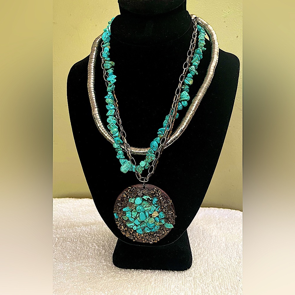 Statement Necklace Faux Turquoise Layered Silver Tone Beaded Chains Wood Bin3